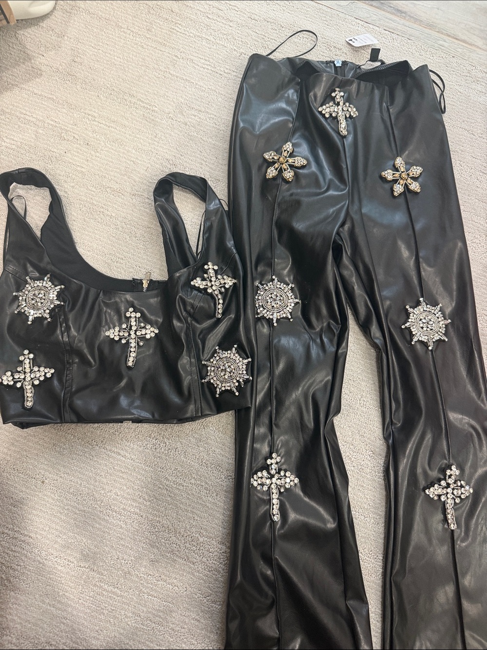 Fashion Nova Black Embellished Vegan Leather Wide Leg Jumpsuit Set